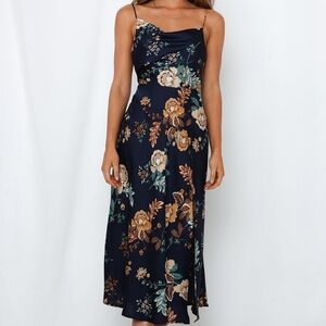 Hello Molly Navy Floral Slip Maxi Dress with Tan & Cream Accents